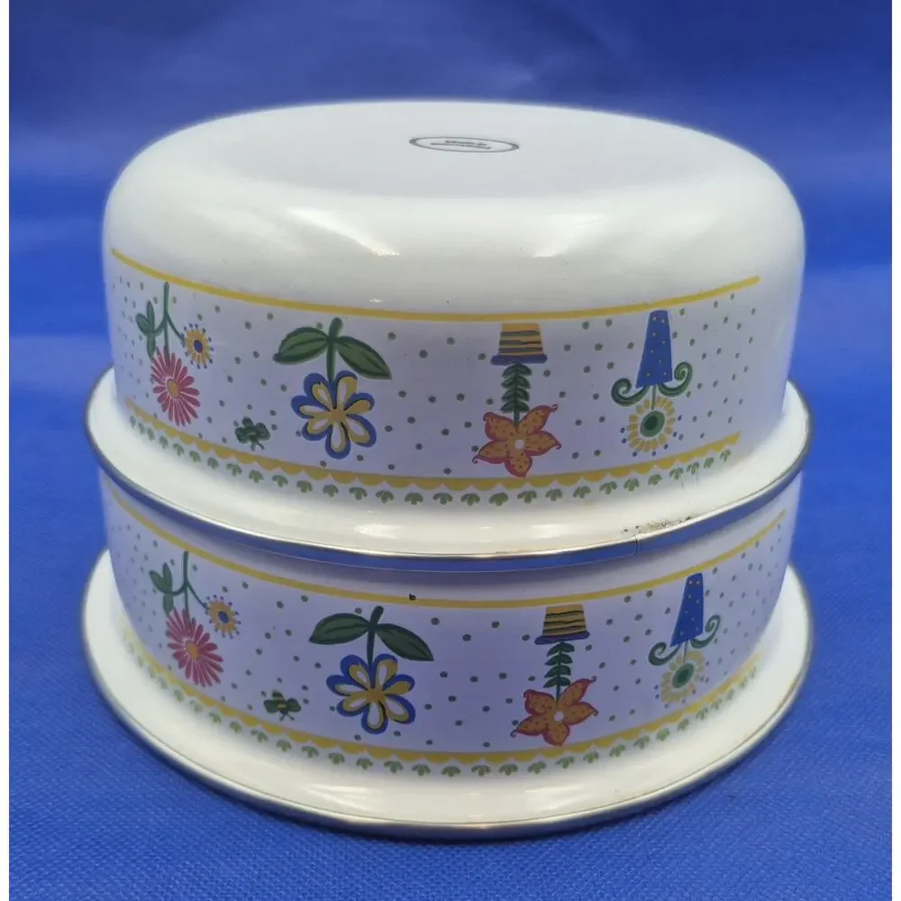 Vintage 1970s Floral Enamel Nesting Bowls Silver Rim Set of Two 6.5